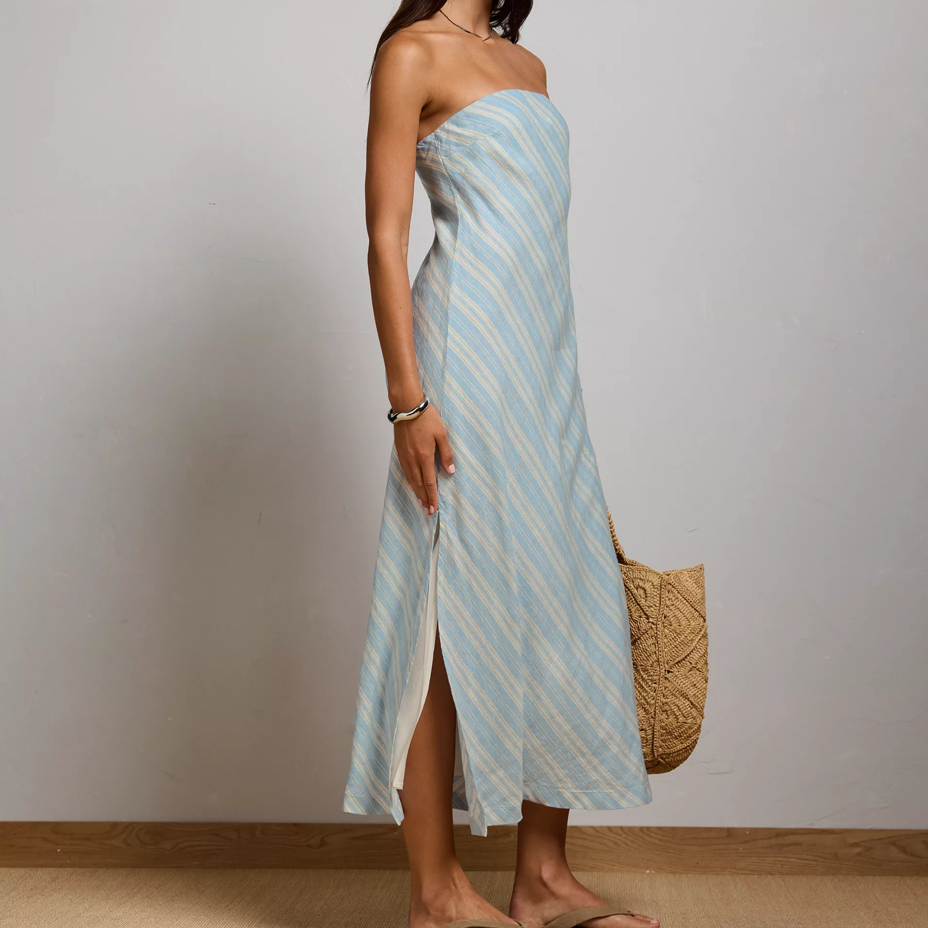 Diagonal Stripe Strapless Tube Midi Dress