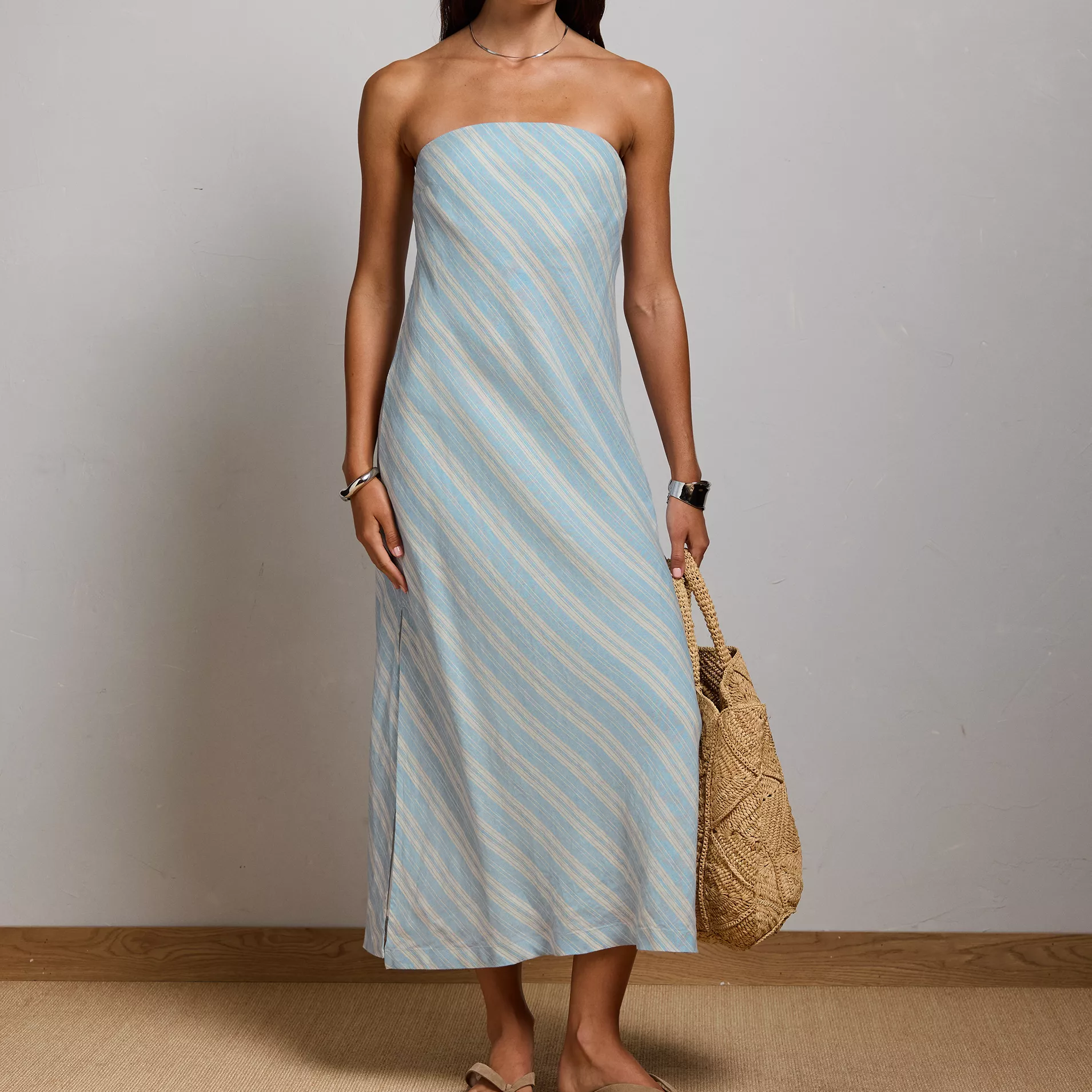 Diagonal Stripe Strapless Tube Midi Dress