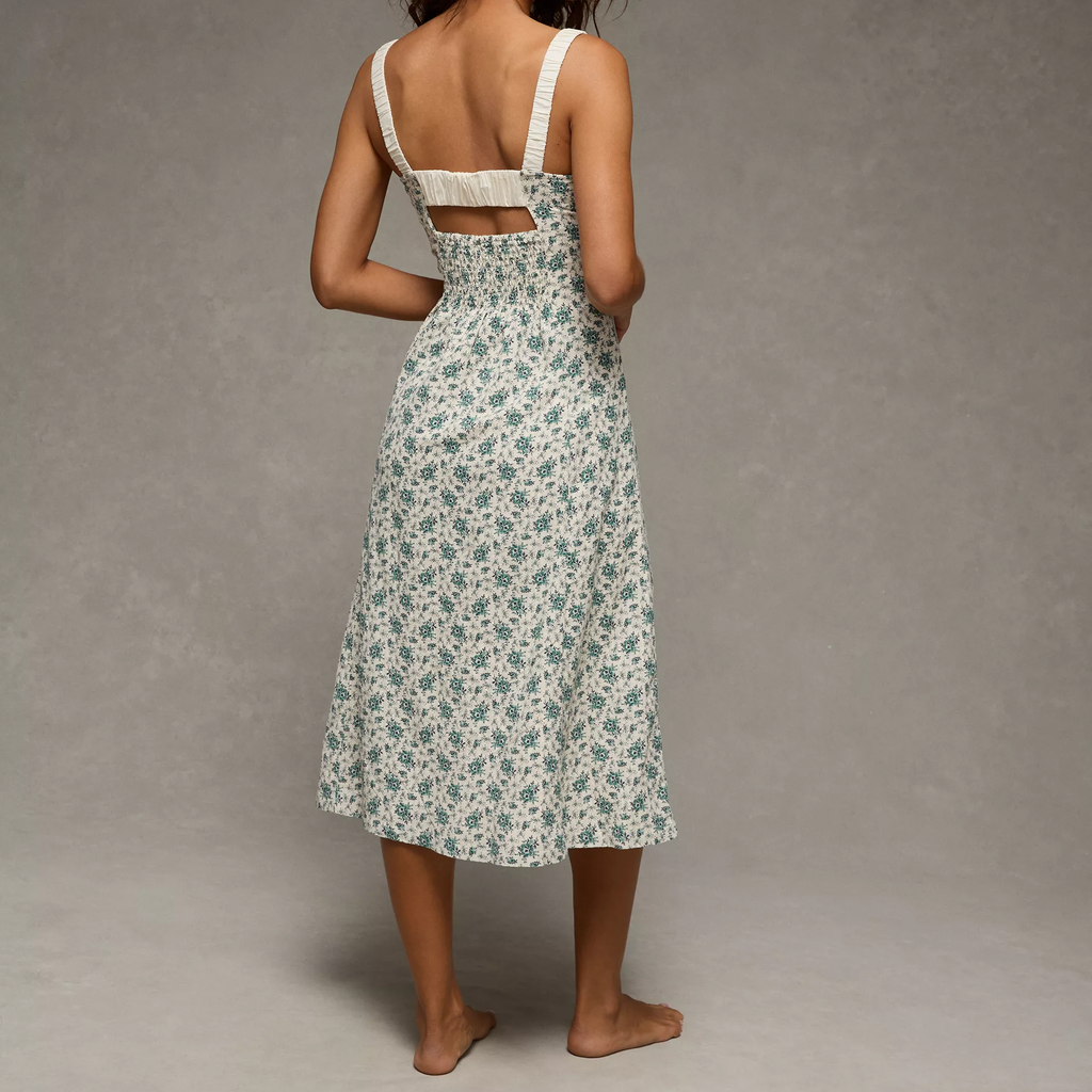 Sweetheart Neck Tie‑Front Ditsy Floral Midi Dress