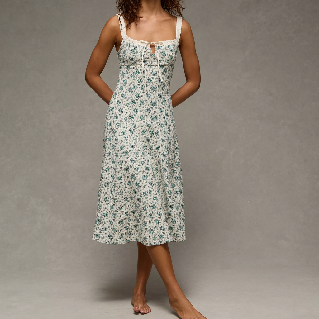 Sweetheart Neck Tie‑Front Ditsy Floral Midi Dress