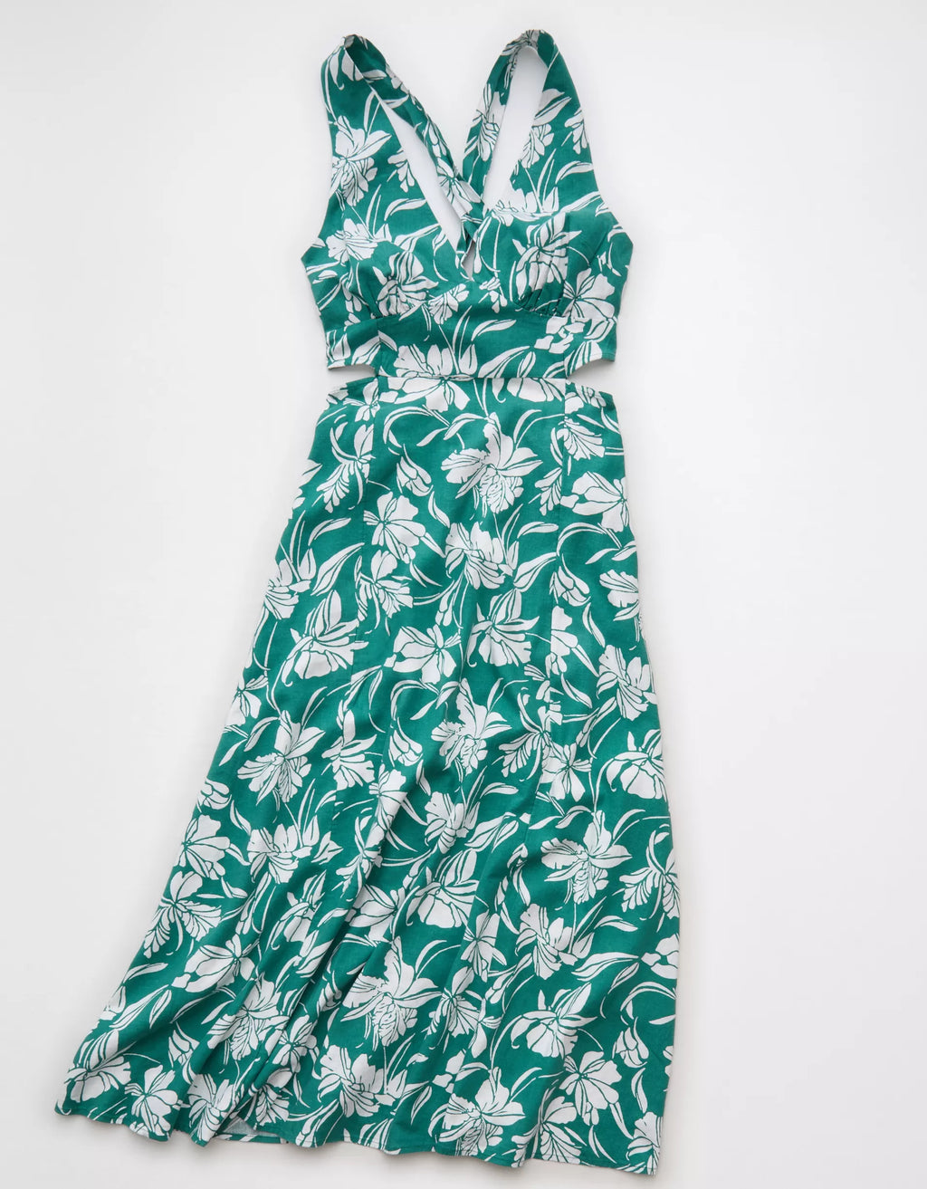 V‑Neck Floral Print Tiered Cut‑Out Midi Dress