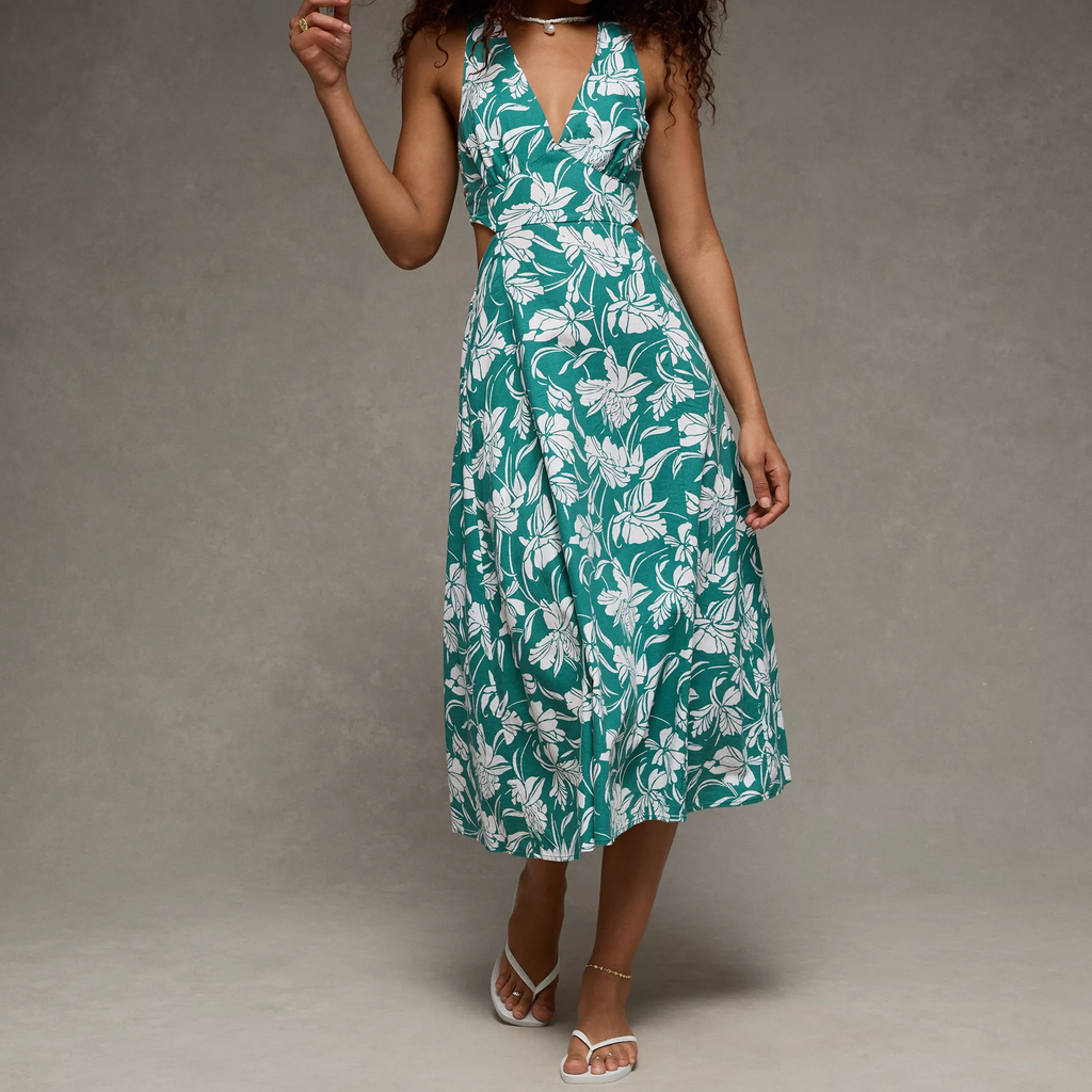 V‑Neck Floral Print Tiered Cut‑Out Midi Dress