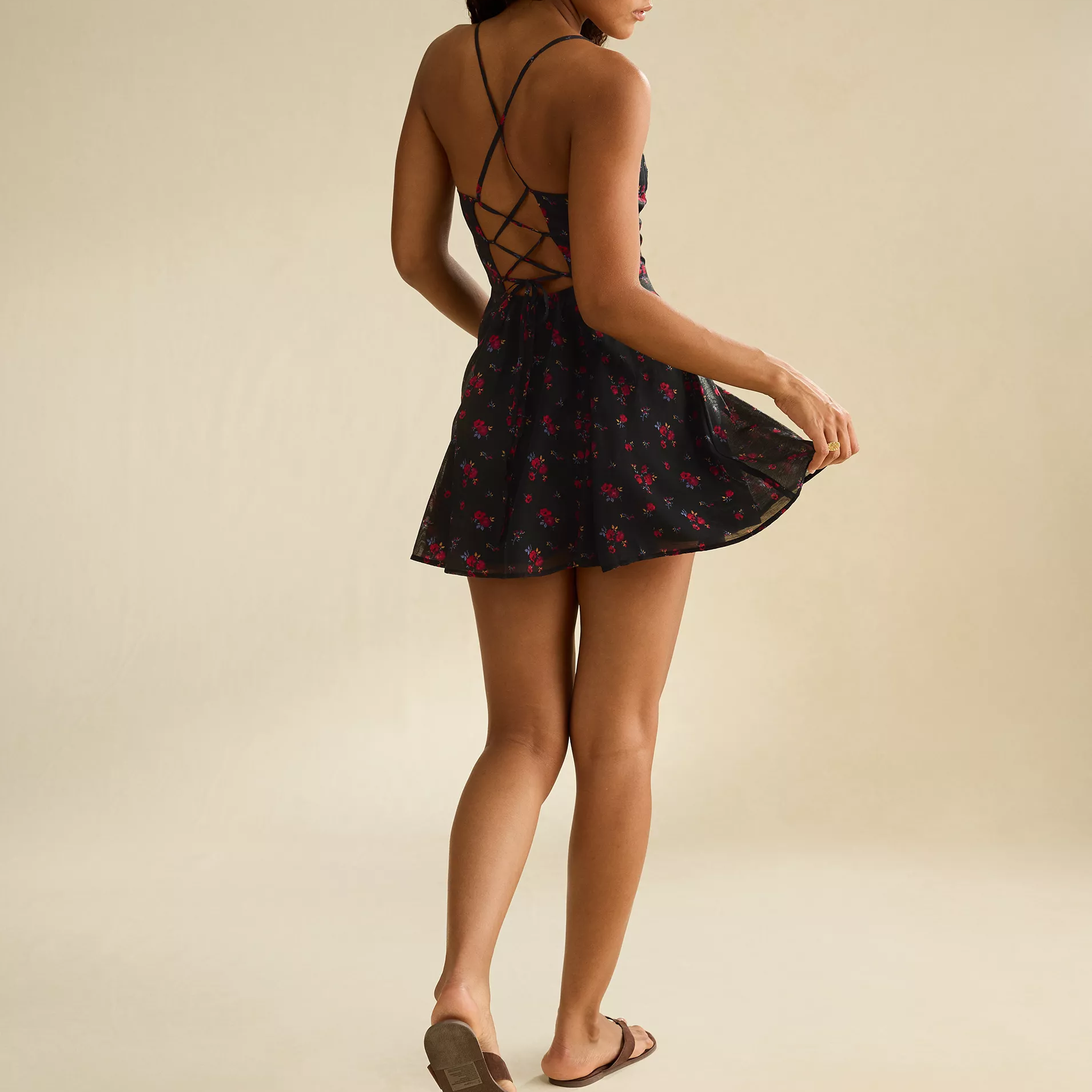 Sweetheart Tie‑Up Back Floral Slip Mini Dress